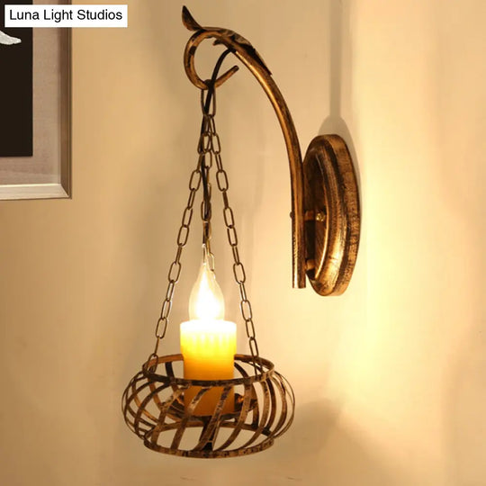 Rustic Wrought Iron Wall Lamp: 1-Light Candle Sconce Lighting For Corridor Bronze Finish