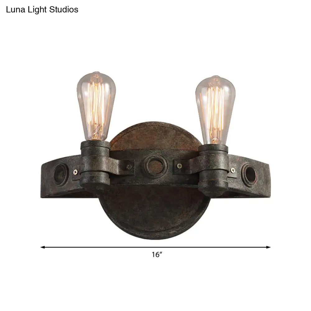 Rustic Wrought Iron Wall Sconce Light - Exposed Bulb 2 Lights Farmhouse Style For Restaurants