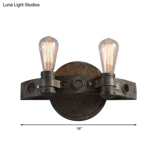 Rustic Wrought Iron Wall Sconce Light - Exposed Bulb 2 Lights Farmhouse Style For Restaurants