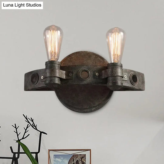 Rustic Wrought Iron Wall Sconce Light - Exposed Bulb 2 Lights Farmhouse Style For Restaurants