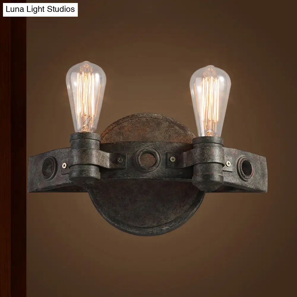 Rustic Wrought Iron Wall Sconce Light - Exposed Bulb 2 Lights Farmhouse Style For Restaurants