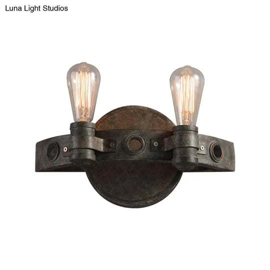 Rustic Wrought Iron Wall Sconce Light - Exposed Bulb 2 Lights Farmhouse Style For Restaurants