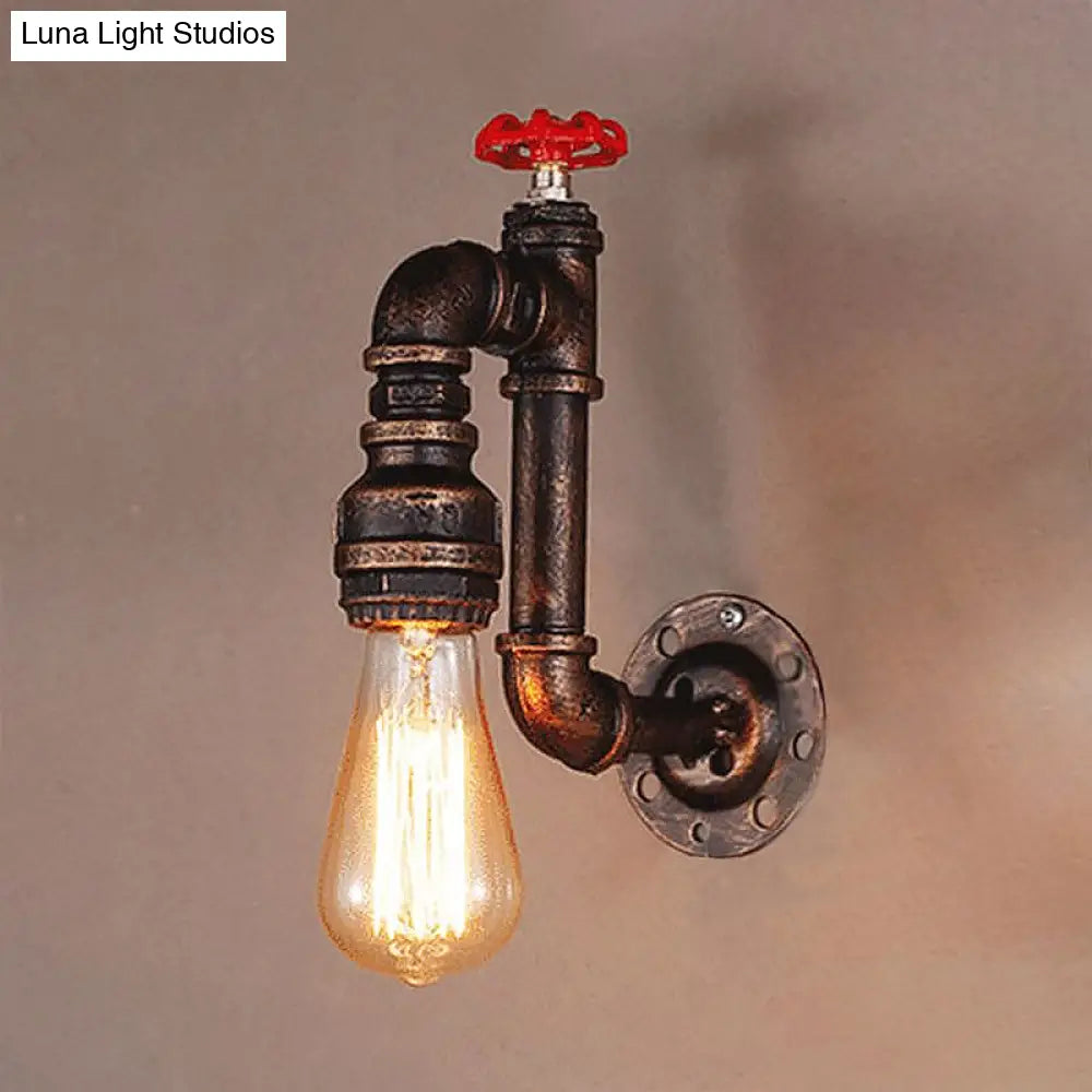 Rustic Wrought Iron Wall Sconce With Valve Wheel - Bronze Finish