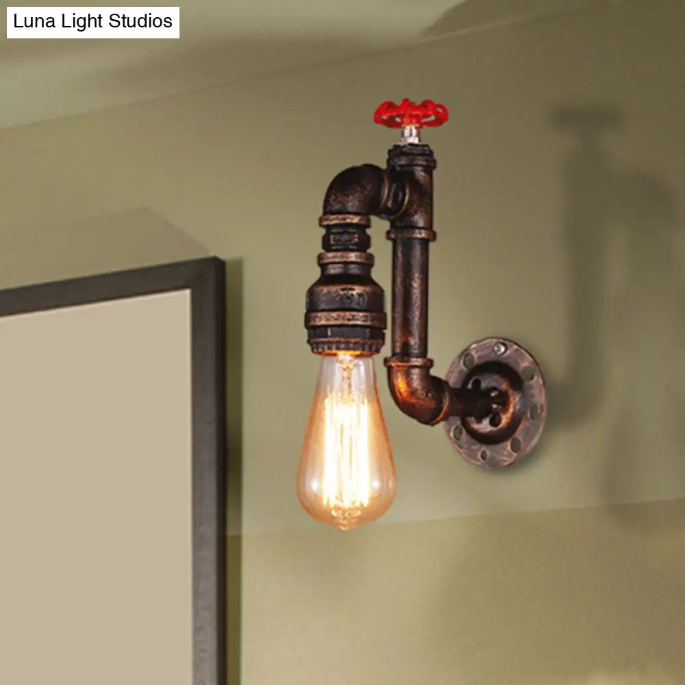 Rustic Wrought Iron Wall Sconce With Valve Wheel - Bronze Finish