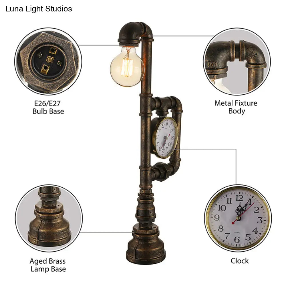 Rustic Wrought Iron Water Pipe Table Lamp With Clock - Brass 1 Head Light