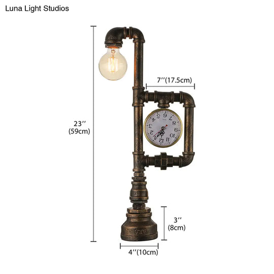 Rustic Wrought Iron Water Pipe Table Lamp With Clock - Brass 1 Head Light