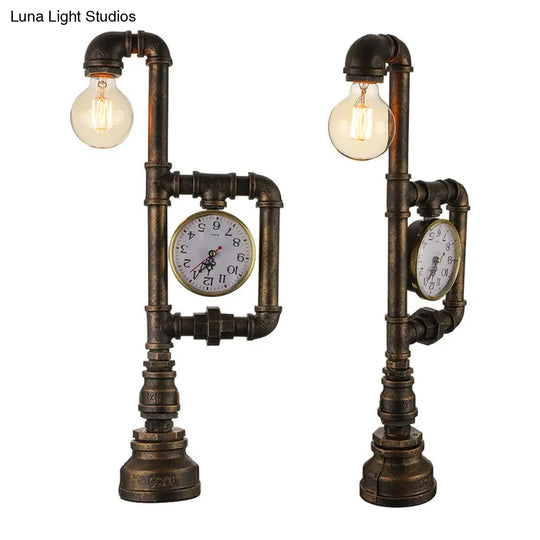 Rustic Wrought Iron Water Pipe Table Lamp With Clock - Brass 1 Head Light