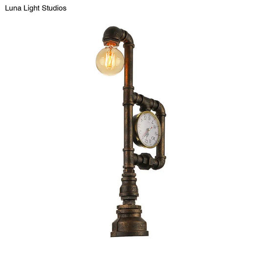 Rustic Wrought Iron Water Pipe Table Lamp With Clock - Brass 1 Head Light