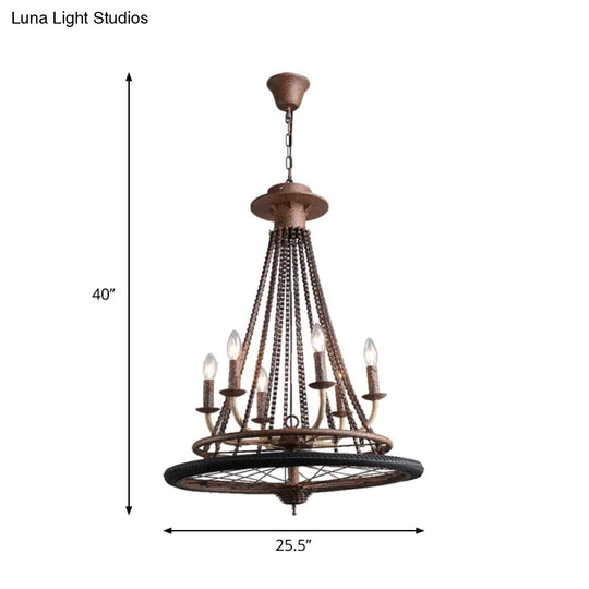 Rustic Wrought Iron Wheel Chandelier - Farmhouse Style Indoor Ceiling Lamp With 6 Lights Candle And