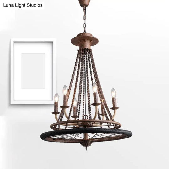 Rustic Wrought Iron Chandelier With Candle Lights Farmhouse Style Ceiling Lamp Rust