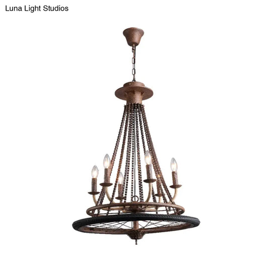 Rustic Wrought Iron Wheel Chandelier - Farmhouse Style Indoor Ceiling Lamp With 6 Lights Candle And