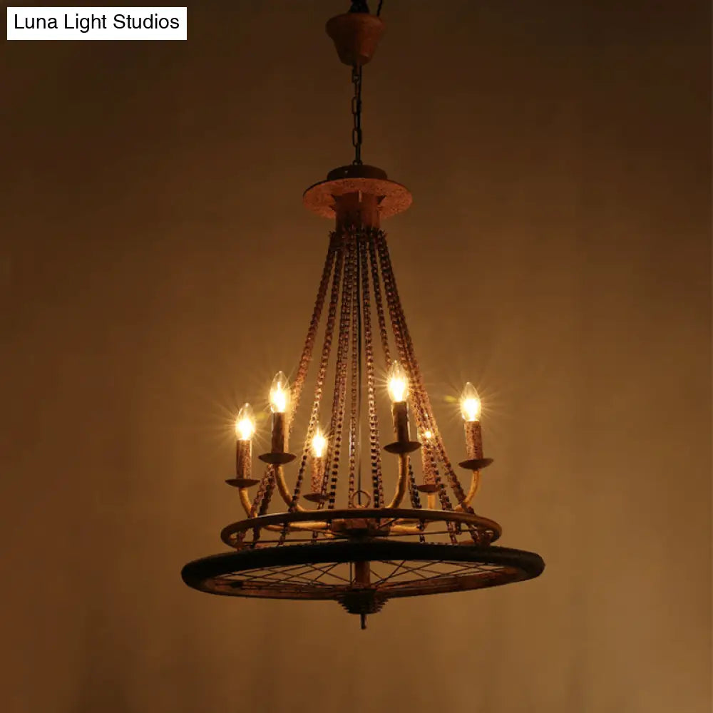 Rustic Wrought Iron Wheel Chandelier - Farmhouse Style Indoor Ceiling Lamp With 6 Lights Candle And