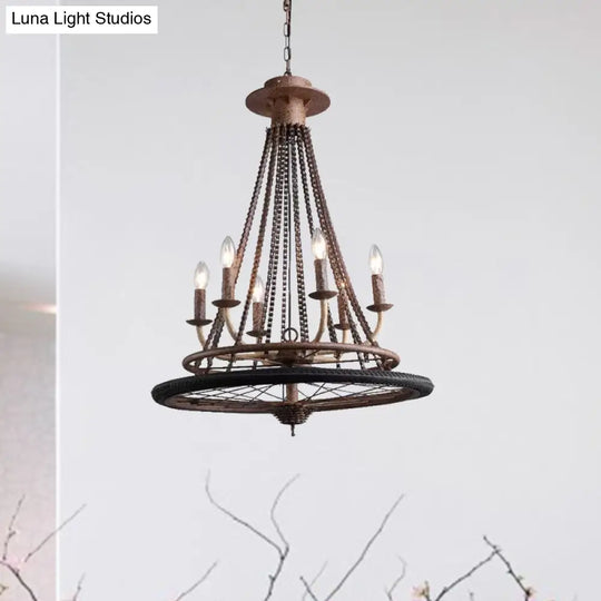 Rustic Wrought Iron Wheel Chandelier - Farmhouse Style Indoor Ceiling Lamp With 6 Lights Candle And