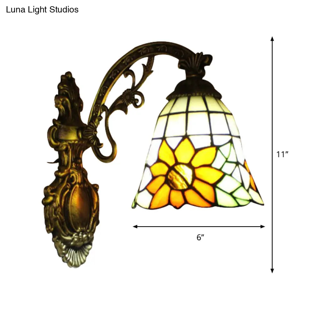 Rustic Yellow Glass Bell Shade Wall Sconce With Sunflower Design - Villa Décor