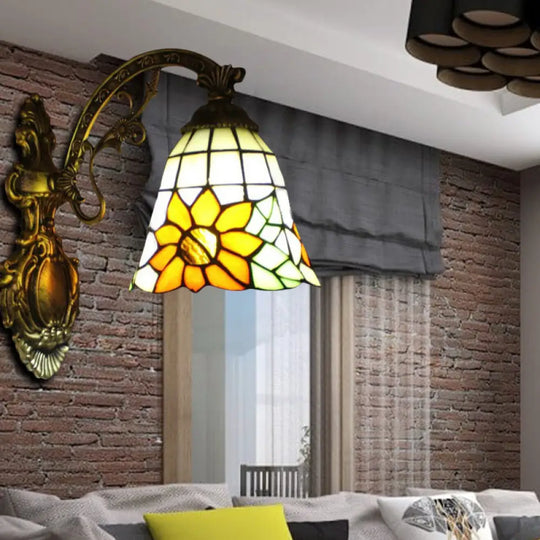 Rustic Yellow Glass Bell Shade Wall Sconce With Sunflower Design - Villa Décor