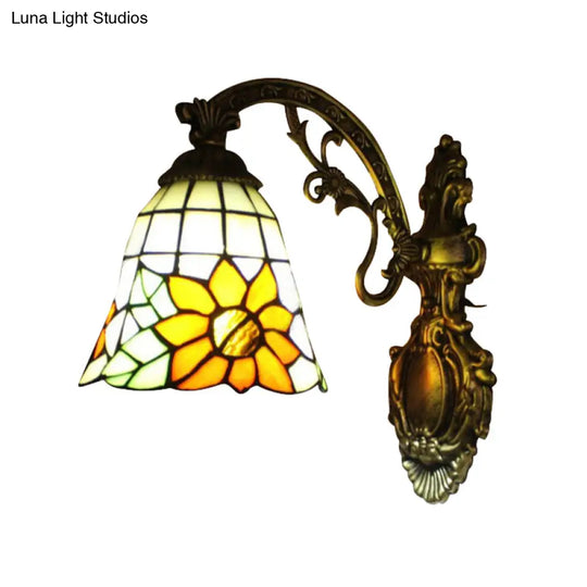 Rustic Yellow Glass Bell Shade Wall Sconce With Sunflower Design - Villa Décor