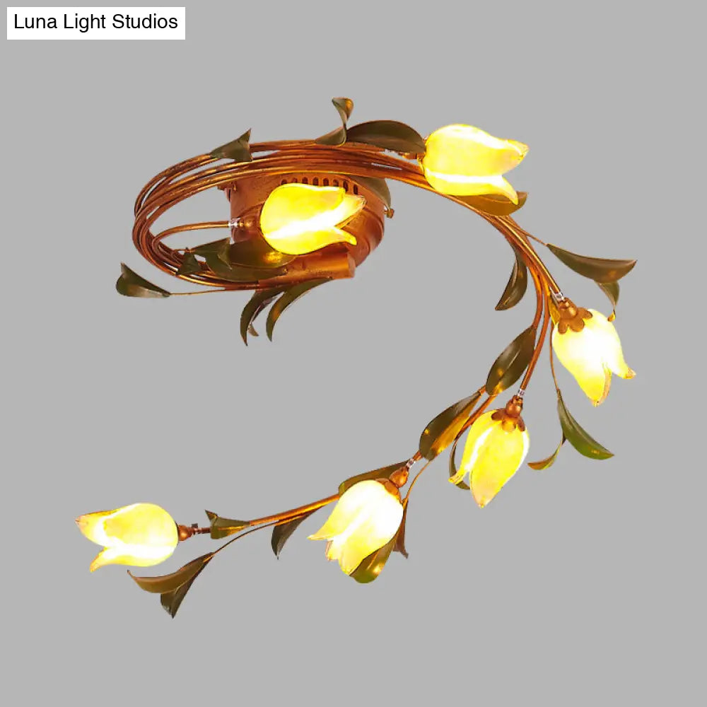 Rustic Yellow Glass Twist Ceiling Light Fixture For Bedroom - Brass 6 Lights Semi-Flush Mount