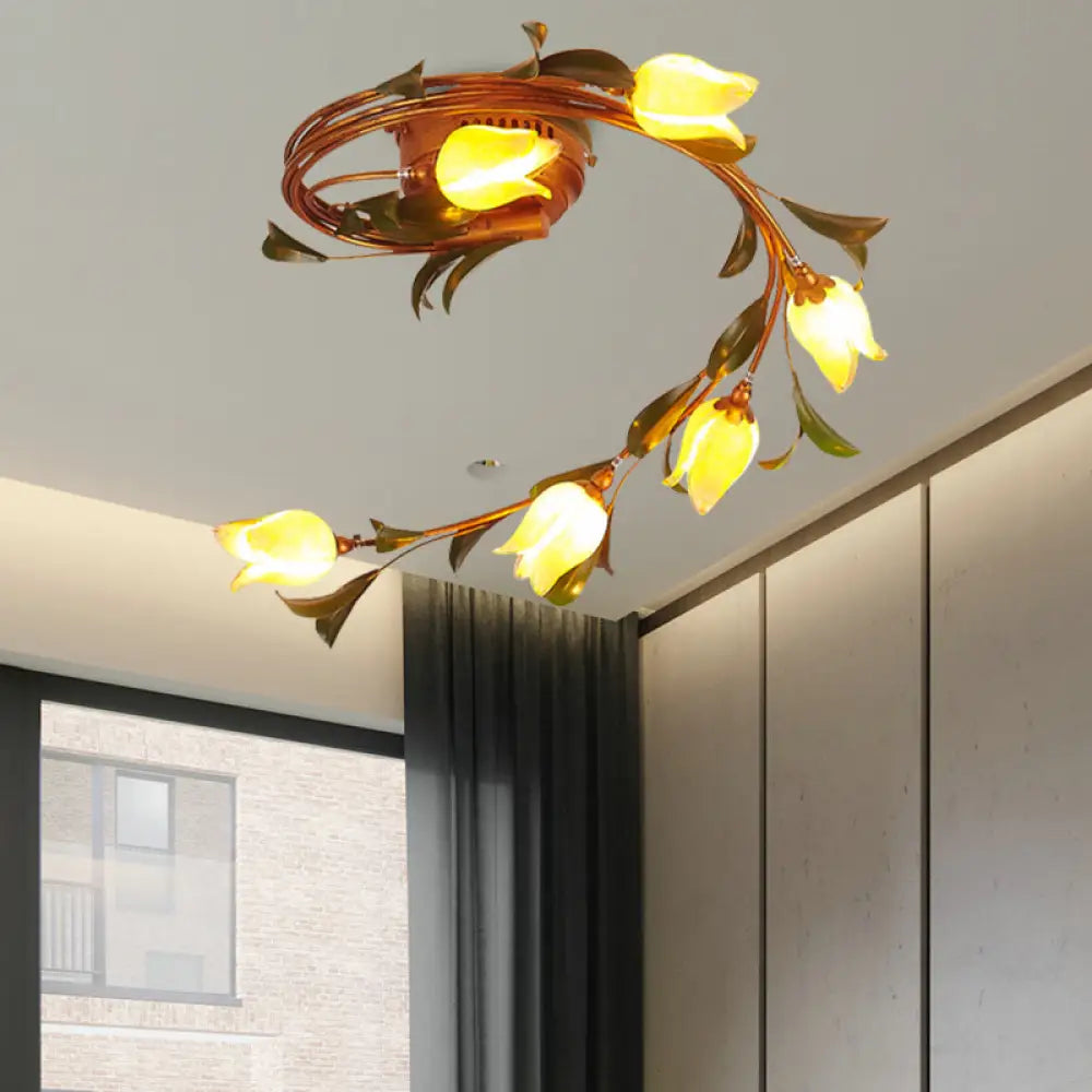 Rustic Yellow Glass Twist Ceiling Light Fixture - 6 - Light Brass Semi - Flush Mount For Bedrooms