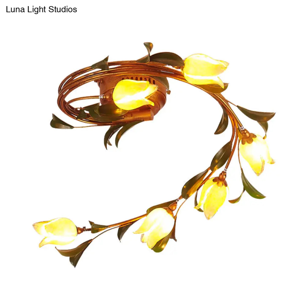 Rustic Yellow Glass Twist Ceiling Light Fixture - 6 - Light Brass Semi - Flush Mount For Bedrooms