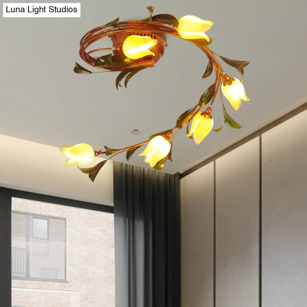 Rustic Yellow Glass Twist Ceiling Light Fixture For Bedroom - Brass 6 Lights Semi-Flush Mount