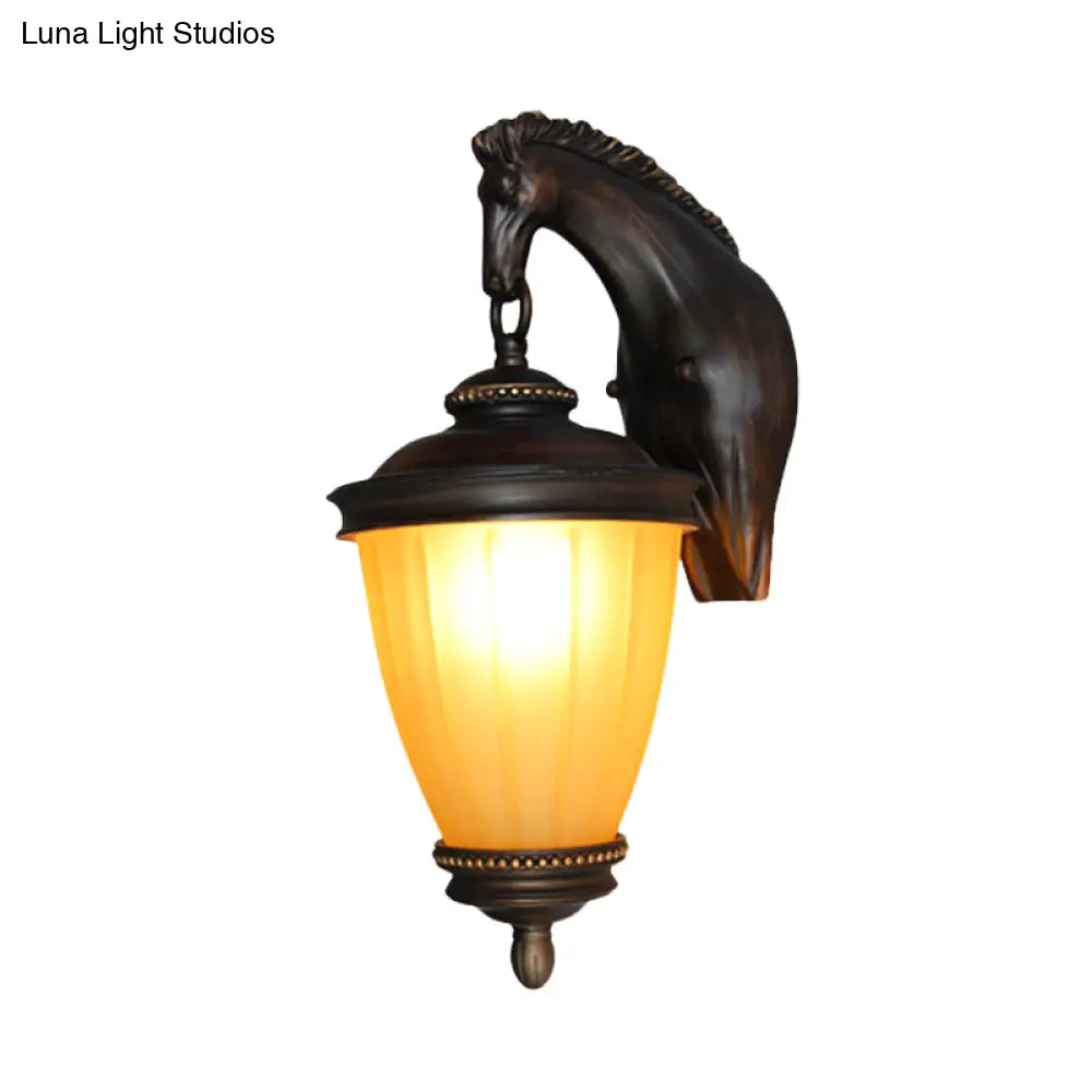 Rustic Yellow Glass Urn Wall Light Outdoor Sconce With Dark Coffee Finish And Horse Backplate