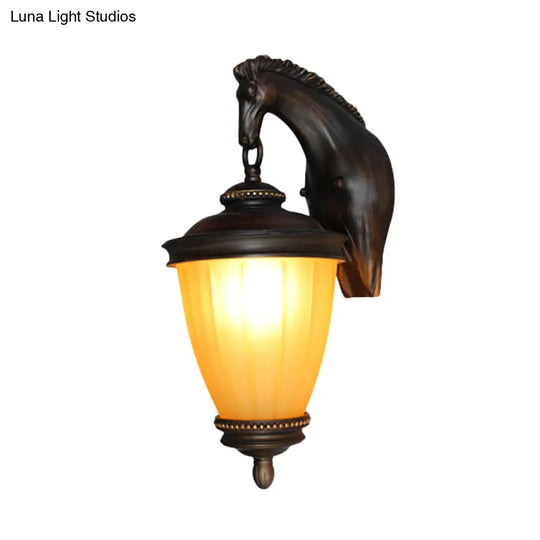 Rustic Yellow Glass Urn Wall Light Outdoor Sconce With Dark Coffee Finish And Horse Backplate