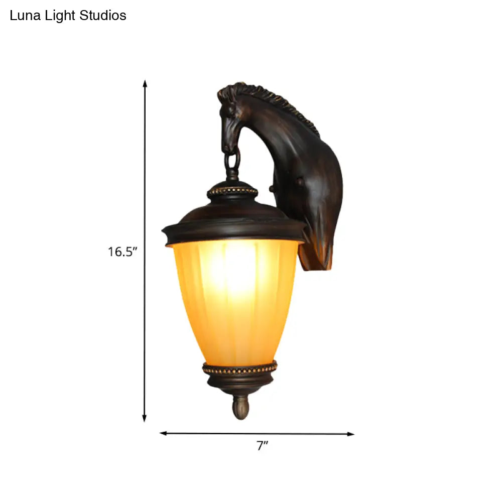 Rustic Yellow Glass Urn Wall Light Outdoor Sconce With Dark Coffee Finish And Horse Backplate