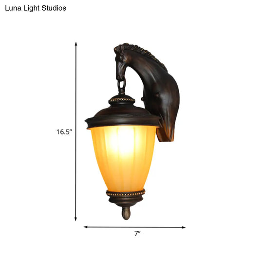 Rustic Yellow Glass Urn Wall Light Outdoor Sconce With Dark Coffee Finish And Horse Backplate