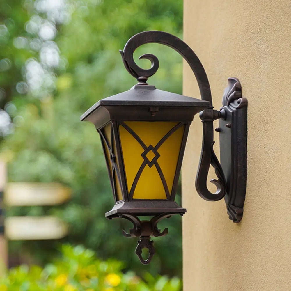 Rustic Yellow Glass Wall Sconce - Outdoor Lantern Light Idea Dark Coffee