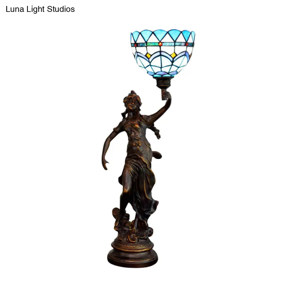 Ryleigh - Tiffany-Style Angel Girl Table Lamp: Single-Bulb Blue And White/Beige