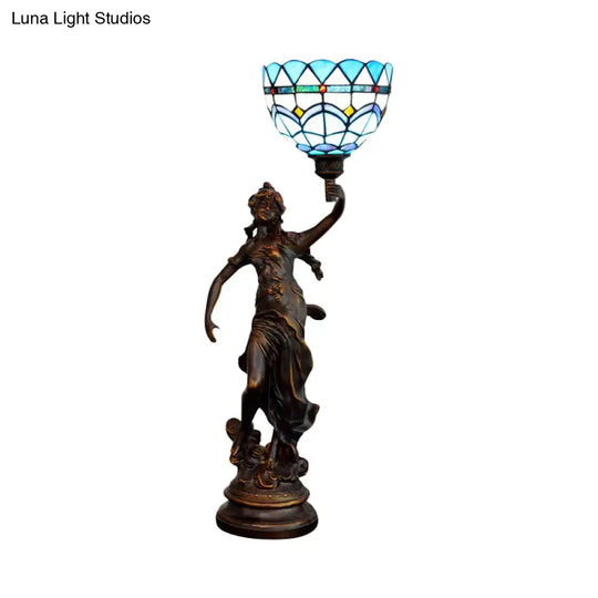 Ryleigh - Tiffany-Style Angel Girl Table Lamp: Single-Bulb Blue And White/Beige