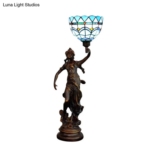 Tiffany-Style Angel Girl Table Lamp In Blue And White/Beige Cut Glass For Bedroom Nightstand