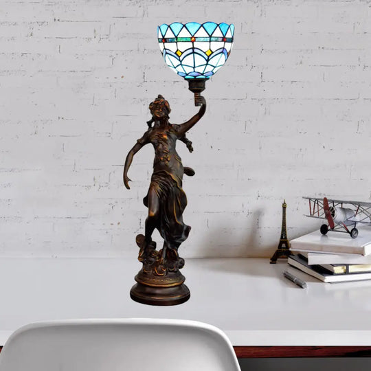 Ryleigh - Tiffany-Style Angel Girl Table Lamp: Single-Bulb Blue And White/Beige Blue-White