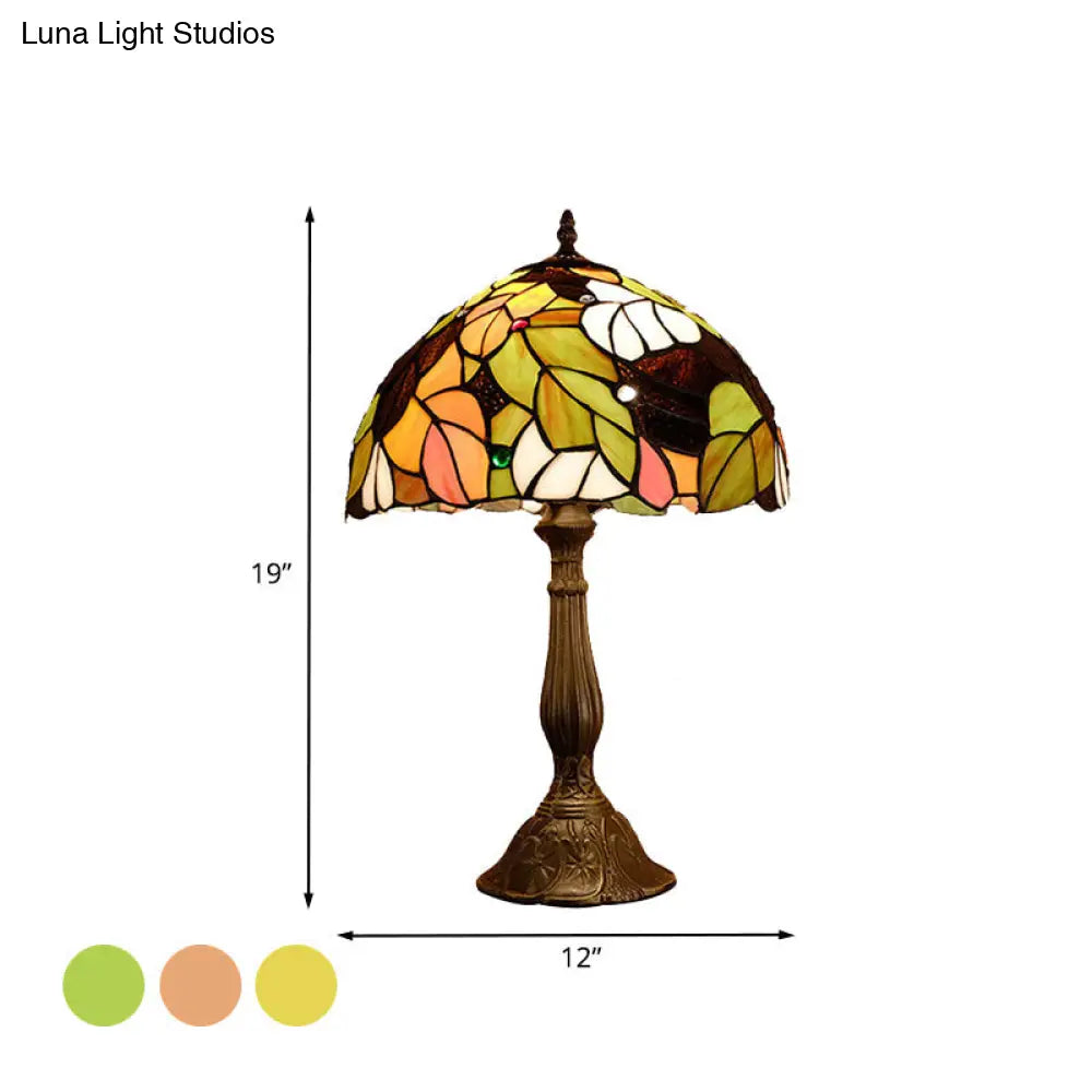 Baroque Style Stained Glass Table Lamp - Yellow/Green/Orange Dome Design With Leaf/Flower Pattern