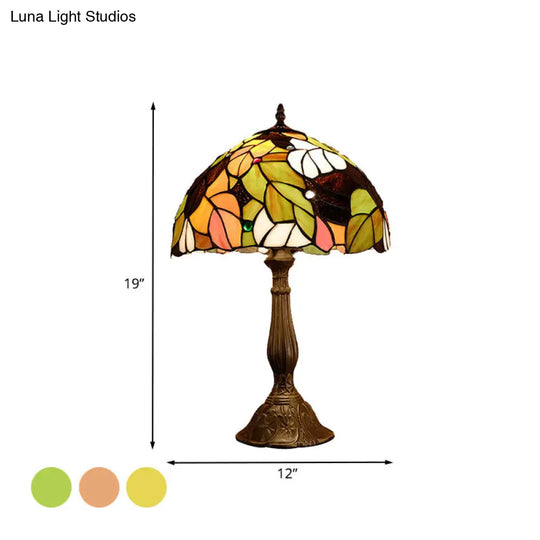 Baroque Style Stained Glass Table Lamp - Yellow/Green/Orange Dome Design With Leaf/Flower Pattern