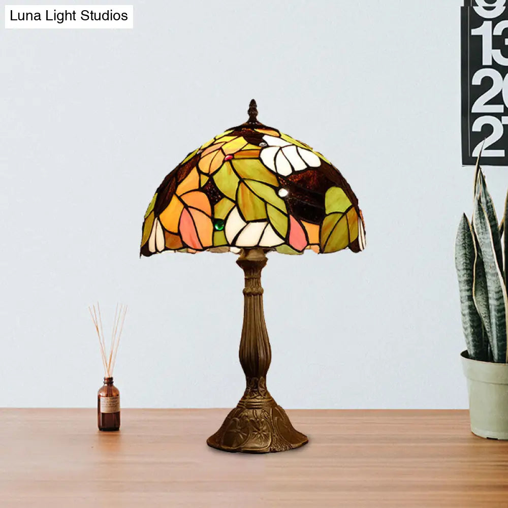 Baroque Style Stained Glass Table Lamp - Yellow/Green/Orange Dome Design With Leaf/Flower Pattern