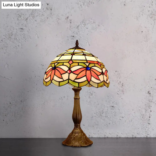 Baroque Style Stained Glass Table Lamp - Yellow/Green/Orange Dome Design With Leaf/Flower Pattern