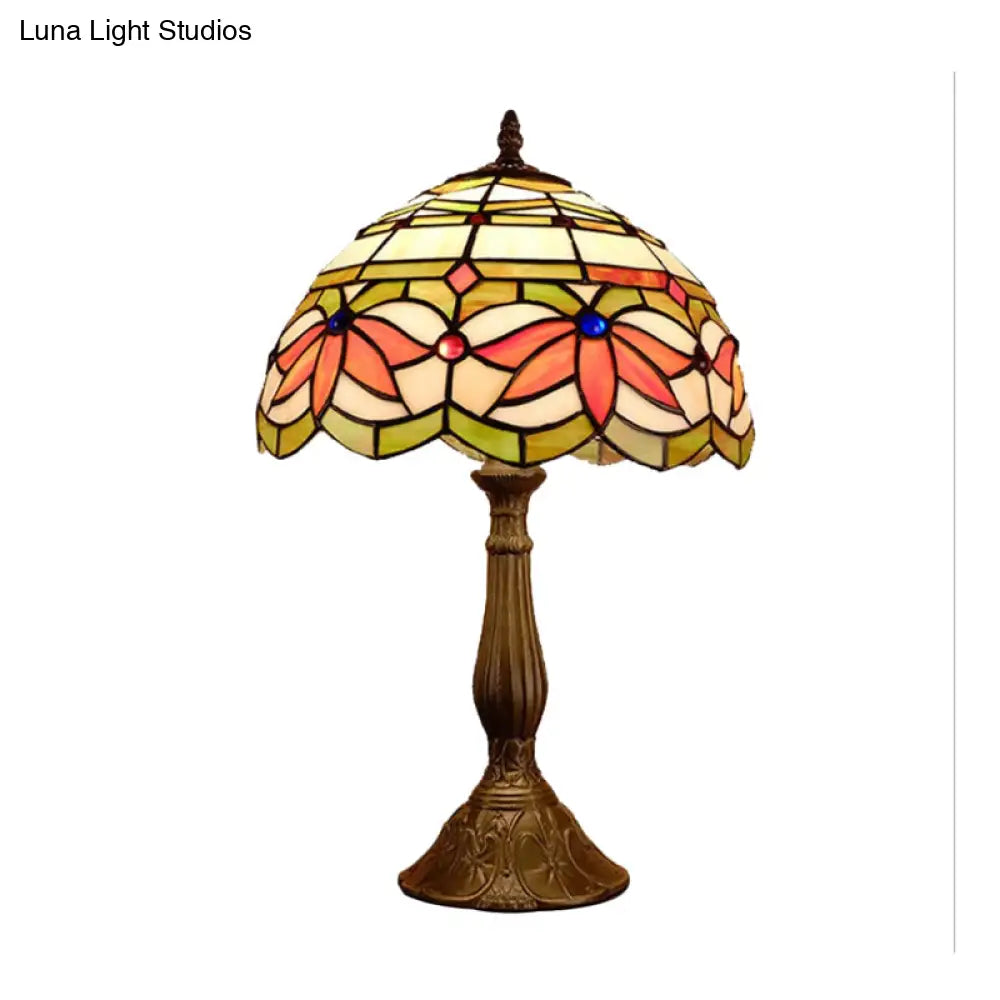 Samantha - Head 1 Dome Table Lamp Baroque Style Yellow/Green/Orange Stained Glass Nightstand With