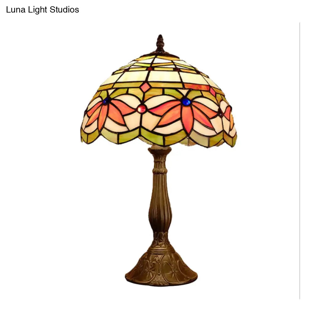 Baroque Style Stained Glass Table Lamp - Yellow/Green/Orange Dome Design With Leaf/Flower Pattern