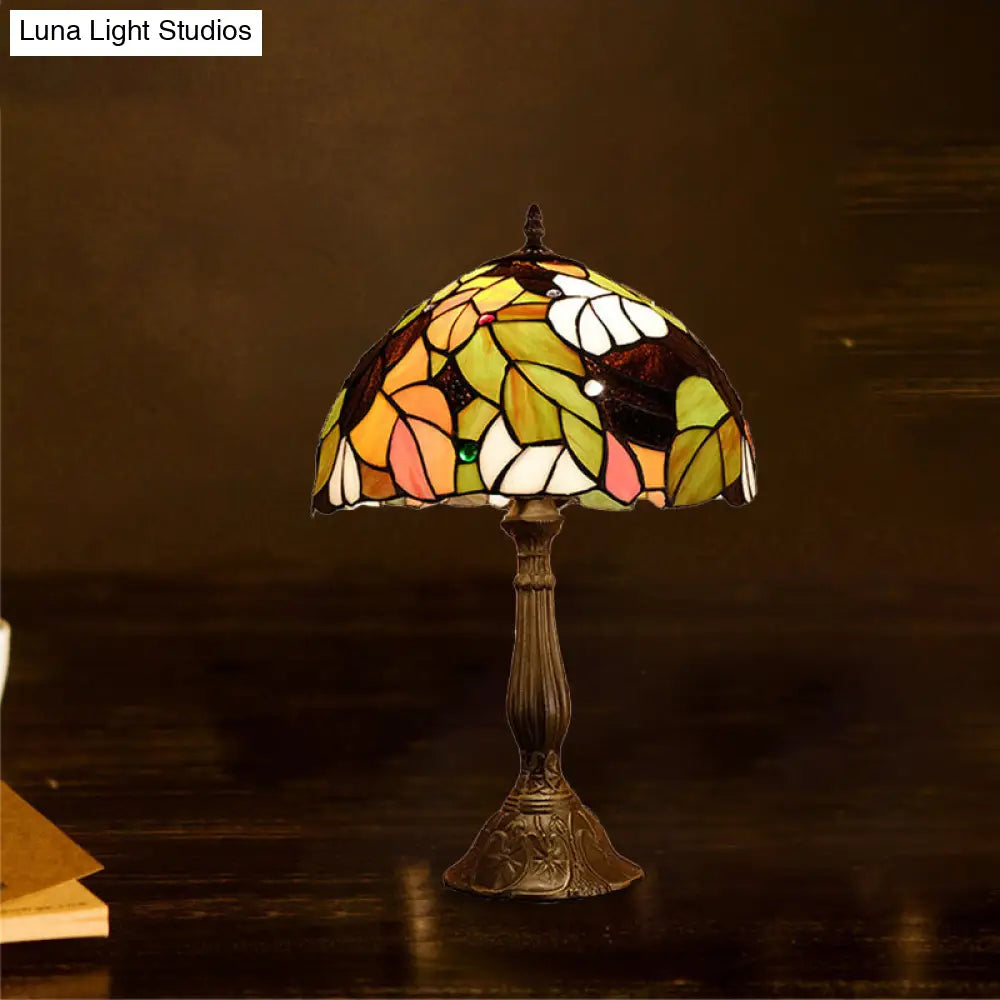 Baroque Style Stained Glass Table Lamp - Yellow/Green/Orange Dome Design With Leaf/Flower Pattern