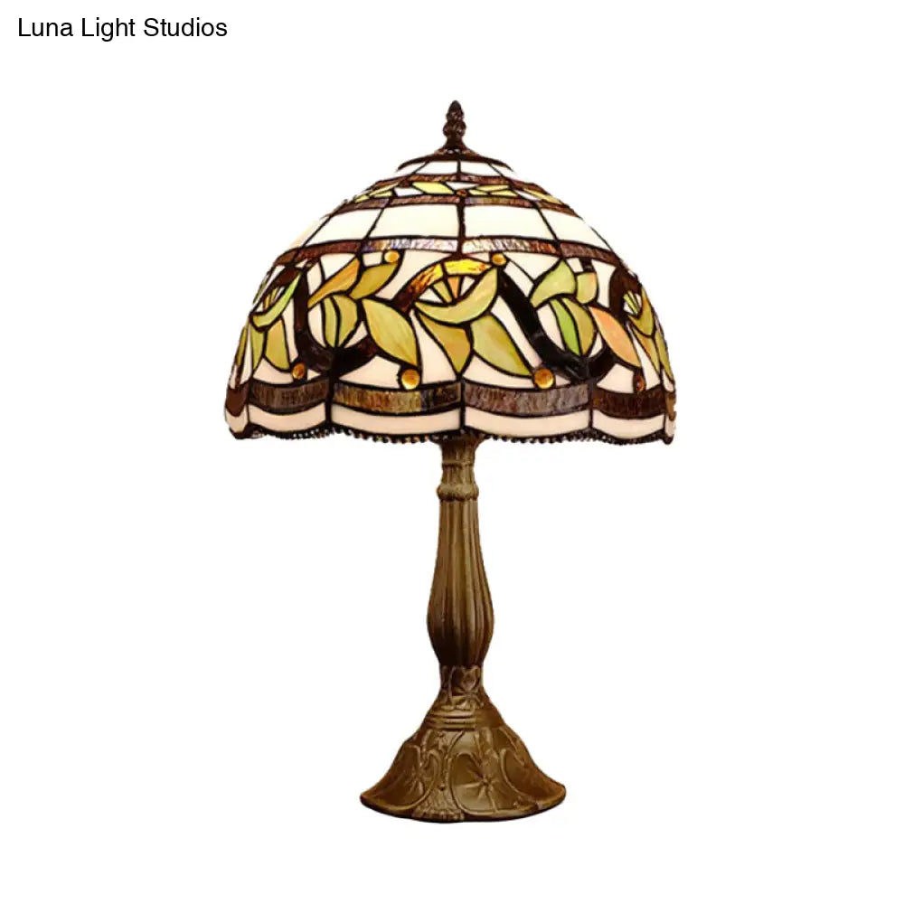 Baroque Style Stained Glass Table Lamp - Yellow/Green/Orange Dome Design With Leaf/Flower Pattern