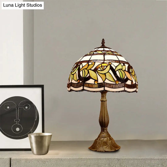 Baroque Style Stained Glass Table Lamp - Yellow/Green/Orange Dome Design With Leaf/Flower Pattern