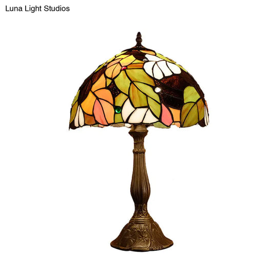 Baroque Style Stained Glass Table Lamp - Yellow/Green/Orange Dome Design With Leaf/Flower Pattern