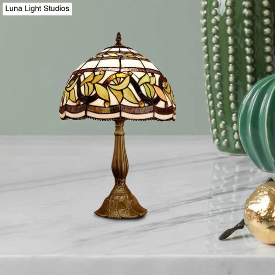 Baroque Style Stained Glass Table Lamp - Yellow/Green/Orange Dome Design With Leaf/Flower Pattern