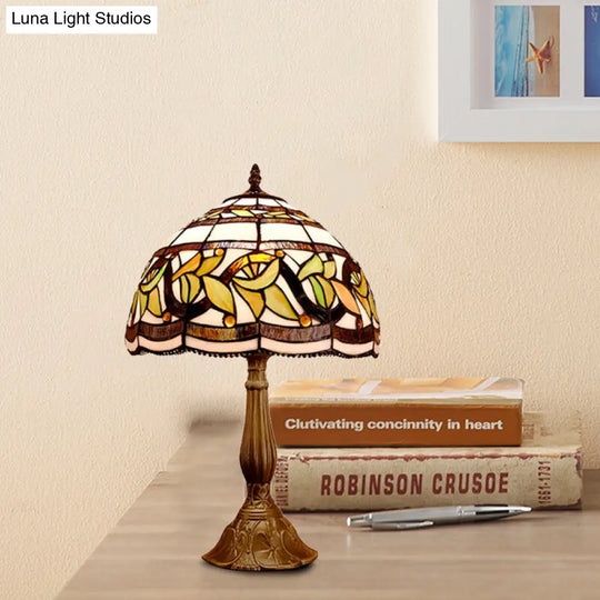 Baroque Style Stained Glass Table Lamp - Yellow/Green/Orange Dome Design With Leaf/Flower Pattern