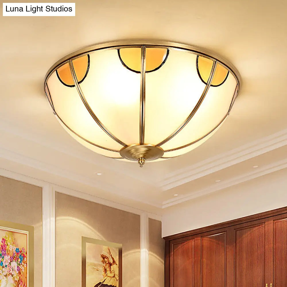 Sandblasted Glass Dome Colonial Brass Ceiling Light - 3-Light Flush Mount For Living Room