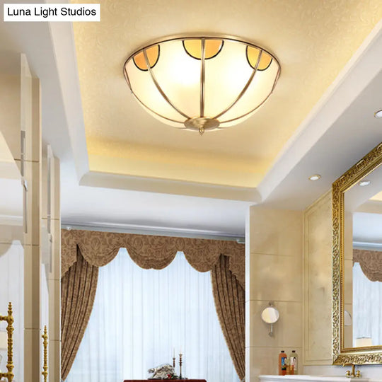 Sandblasted Glass Dome Colonial Brass Ceiling Light - 3 - Light Flush Mount For Living Room