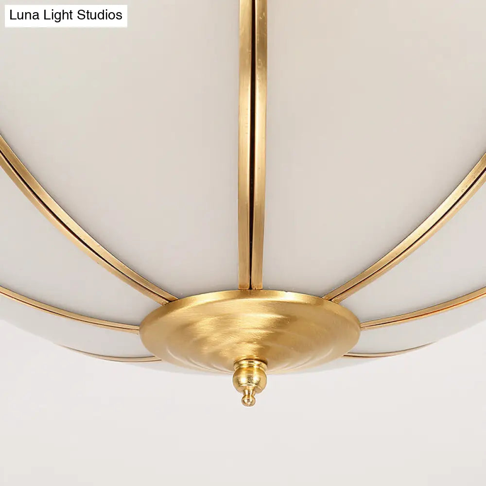 Sandblasted Glass Dome Colonial Brass Ceiling Light - 3-Light Flush Mount For Living Room