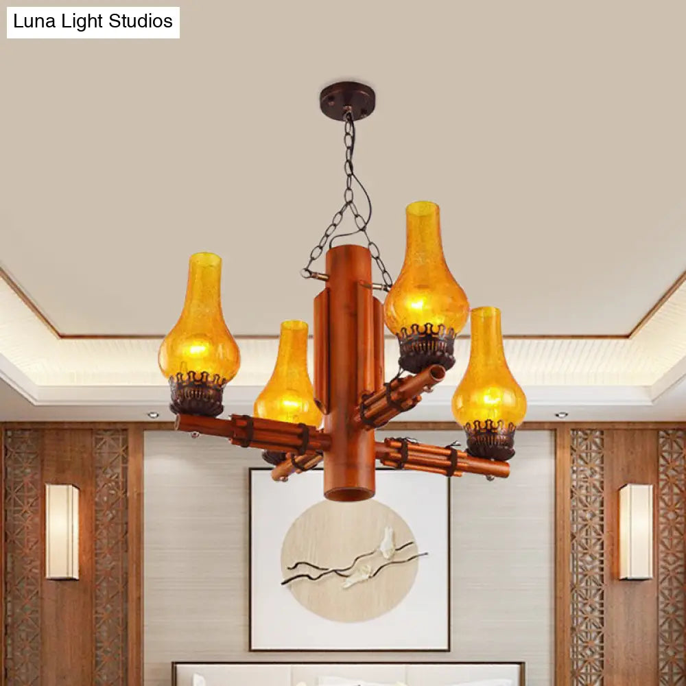 Sandra - Brown 4 Heads Chandelier Light Farmhouse Yellow Crackle Glass Vase Shade Ceiling Pendant