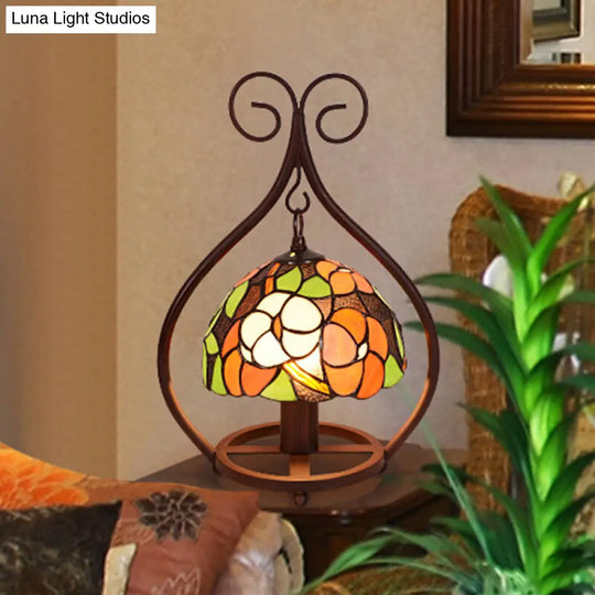 Baroque Bowl Night Lamp - 1-Head Hand Cut Glass Nightstand Light With Brown Scrolled Arm Elegant And